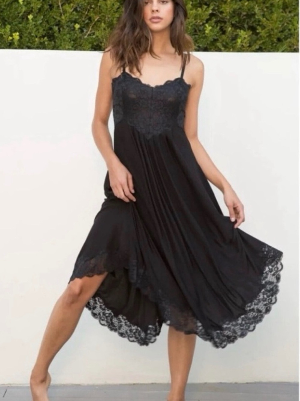 Black Lace-Trim Midi Dress with Spaghetti Straps